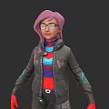 Woman With Purple Hair Wearing Glasses Black Jacket Colorful Stripes And Red Gloves