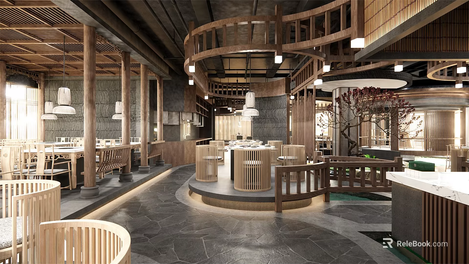 Traditional Hotpot Restaurant Interior With Wooden Railings Round Tables And Warm Lighting 3d model 