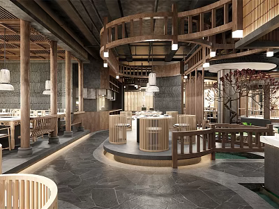 Traditional Hotpot Restaurant Interior With Wooden Railings Round Tables And Warm Lighting 3d model