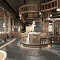 Traditional Hotpot Restaurant Interior With Wooden Railings Round Tables And Warm Lighting