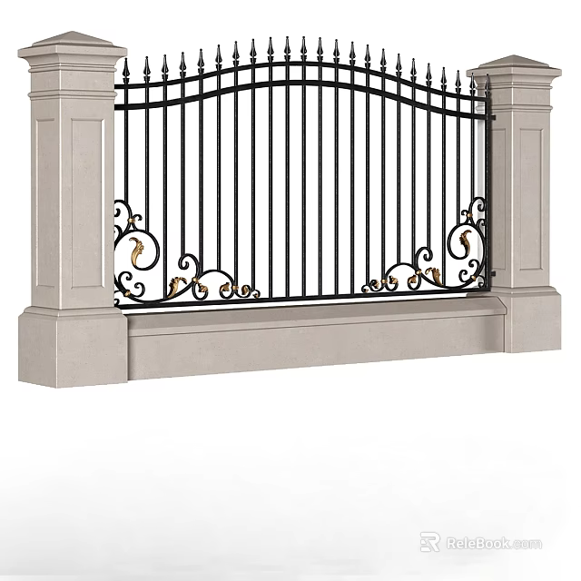 Classic Wrought Iron Gate With Ornate Scroll Designs And Stone Pillars 3d model 