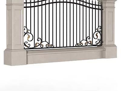 Classic Wrought Iron Gate With Ornate Scroll Designs And Stone Pillars 3d model