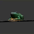 Green Reptile Sculpture On Gray Stone Paved Surface With Wooden Base