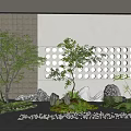 Garden Ornament Design With Green Trees Rocks And Perforated Wall Elements 3d model