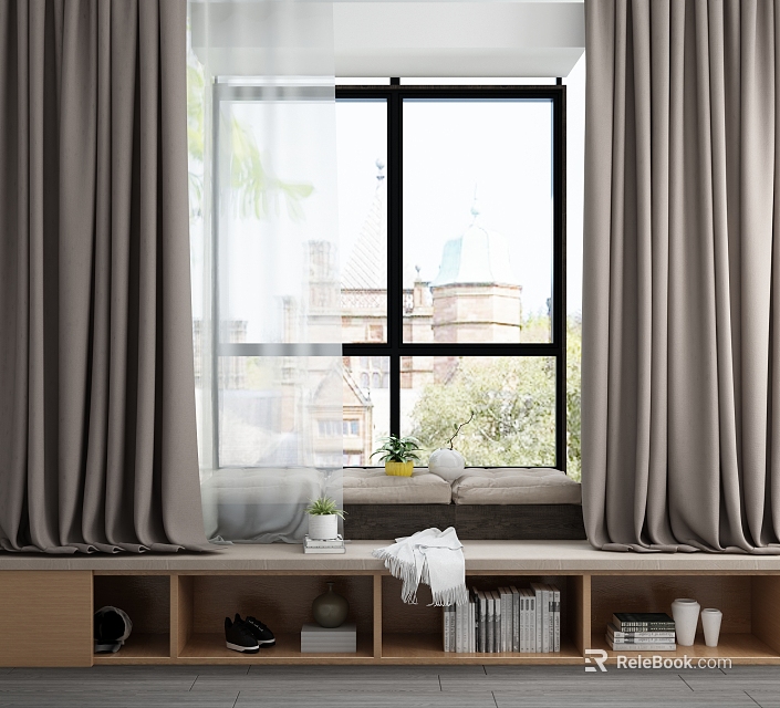 Cozy Bay Window Interior With Gray Curtains Trees Building Outside Throw Pillows And Green Plants 3d model 