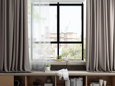 Cozy Bay Window Interior With Gray Curtains Trees Building Outside Throw Pillows And Green Plants 3d model