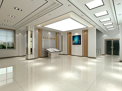 Modern Reception Area In Spacious Lobby With Marble Floor Ceiling Lights And Glass Doors 3d model