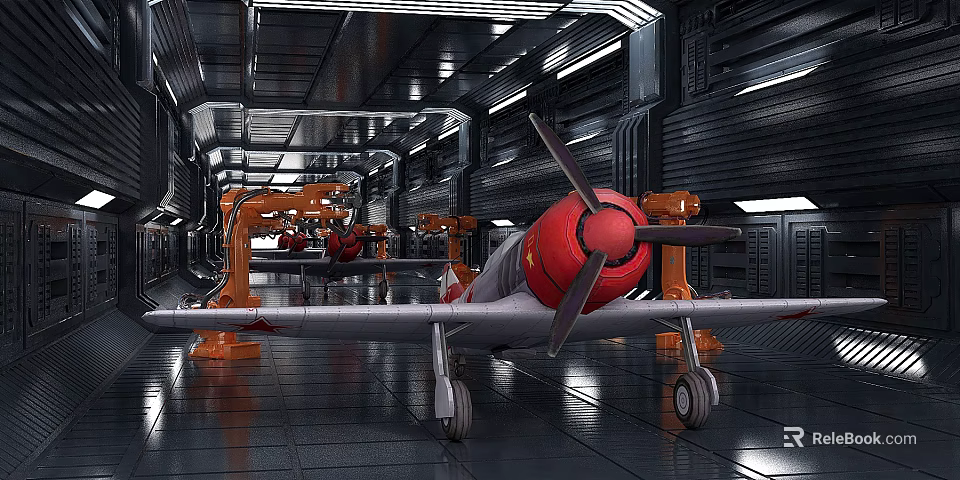 Industrial Equipment With Orange Robotic Arms Assembling Aircraft Red Propeller In Metal Facility 3d model 