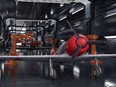 Industrial Equipment With Orange Robotic Arms Assembling Aircraft Red Propeller In Metal Facility 3d model