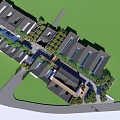 Charming Commercial Street with Brick Building Terrace Railing Outdoor Seating Trees and Stone Pavement
