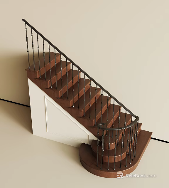 Modern Interior Staircase Featuring Wooden Steps Black Metal Railings And White Base 3d model 