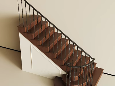 Modern Interior Staircase Featuring Wooden Steps Black Metal Railings And White Base 3d model