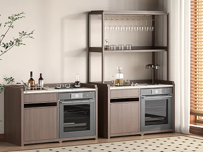 Functional Table With Gray Cabinets Black Countertop Upper Shelf Wine Glasses And Bottles 3d model