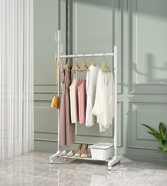 White Freestanding Clothes Rack With Hanging Pink White Beige Clothes Yellow Bag And Shoes 3d model 