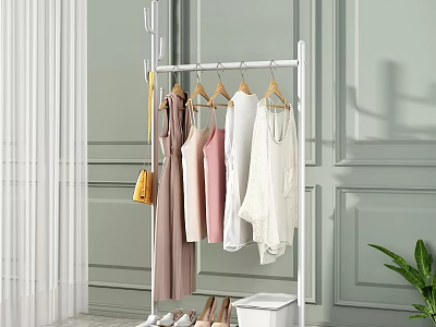 White Freestanding Clothes Rack With Hanging Pink White Beige Clothes Yellow Bag And Shoes 3d model