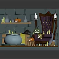 Enchanting Wizard Chamber With Stone Cauldron Purple Throne Brick Walls Bottles Pumpkins Chest And Broom