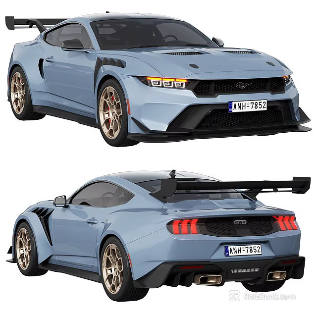 Light Blue Mustang Sports Car With Golden Wheels Rear Spoiler Front Fascia And Taillights 3d model 