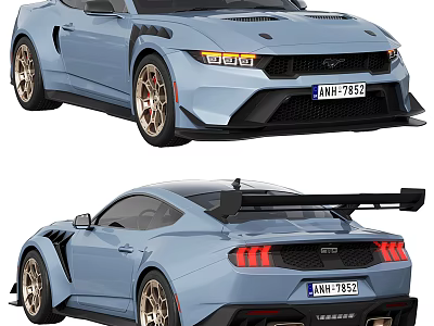 Light Blue Mustang Sports Car With Golden Wheels Rear Spoiler Front Fascia And Taillights 3d model