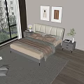 Double Bed with Upholstered Headboard Bedding Nightstands Table Lamp and Large Window View 3d model