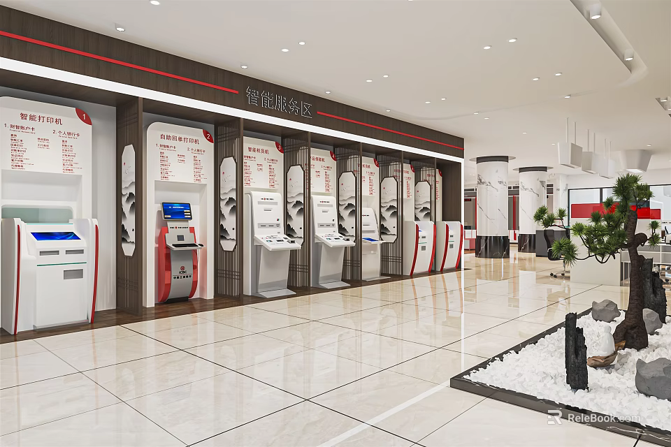 Government Service Hall Interior Featuring Self Service Kiosks Counters And Marble Floor 3d model 