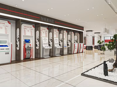 Government Service Hall Interior Featuring Self Service Kiosks Counters And Marble Floor 3d model