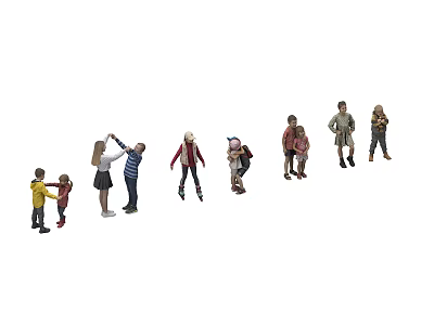 Group of People in Various Poses Including Children and Adults Interacting Together 3d model