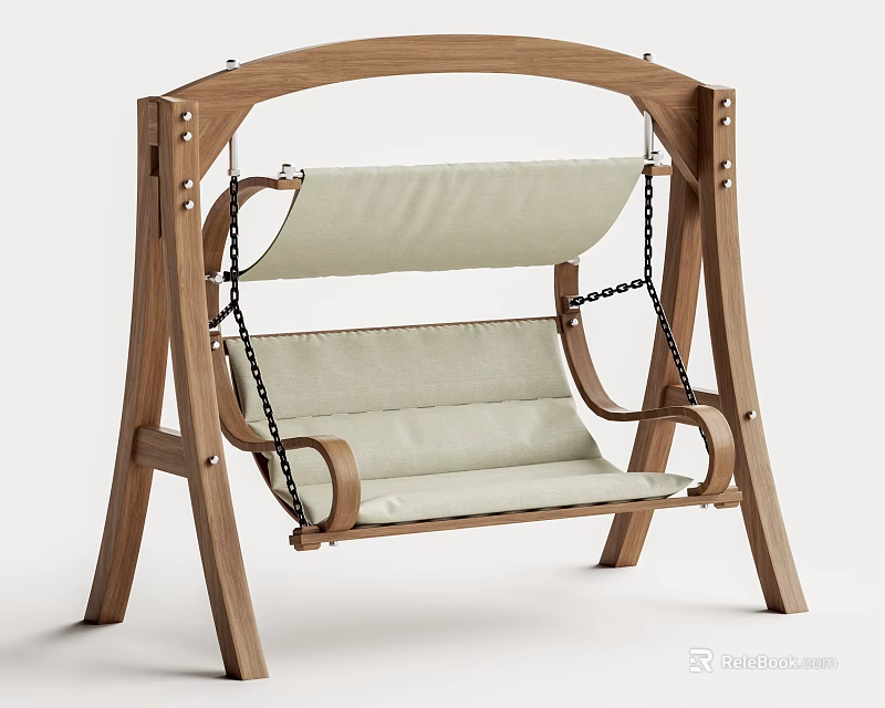 Wooden Swing Chair with Beige Cushion Chain Suspension and Sturdy Support Frame 3d model 