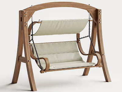 Wooden Swing Chair with Beige Cushion Chain Suspension and Sturdy Support Frame 3d model