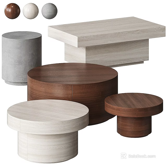 Modern Wooden And Concrete Coffee Tables With Round And Rectangular Shapes 3d model