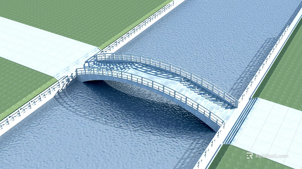 Modern Arch Bridge Over Water With Sidewalk And Green Grass Surroundings 3d model 