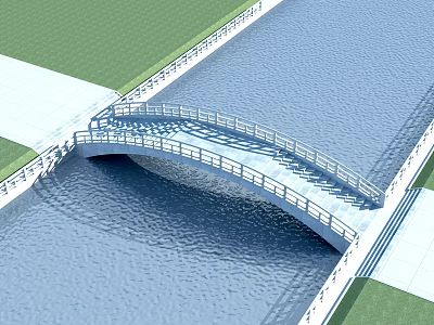 Modern Arch Bridge Over Water With Sidewalk And Green Grass Surroundings 3d model