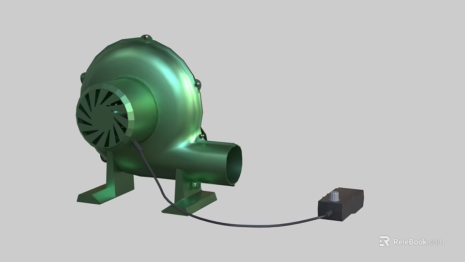 Green Industrial Blower With Impeller Wheel Air Outlet Base Stand Power Cable And Motor 3d model 