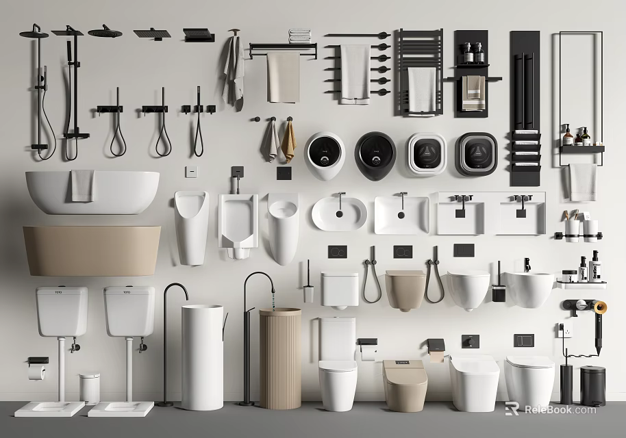 Modern Bathroom Fixtures Set with Bathtub Toilet Sink Faucet Towel Rack and Shelves 3d model 