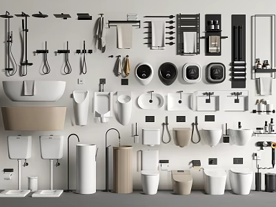 Modern Bathroom Fixtures Set with Bathtub Toilet Sink Faucet Towel Rack and Shelves 3d model