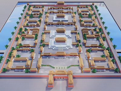 Ancient Architecture Top View Symmetrical Layout With Traditional Buildings Water And Trees 3d model