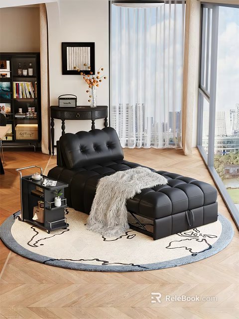 Black Leather Sofa Bed With Tufted Backrest Gray Blanket And Side Table 3d model 