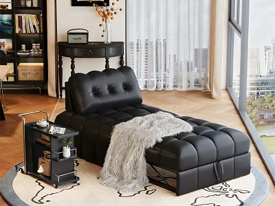 Black Leather Sofa Bed With Tufted Backrest Gray Blanket And Side Table 3d model