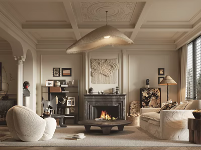 Cream Colored Elegant Modern Living Room With Pendant Light Fireplace Sofa Bookshelf And Decorative Art 3d model