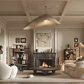 Cream Colored Elegant Modern Living Room With Pendant Light Fireplace Sofa Bookshelf And Decorative Art
