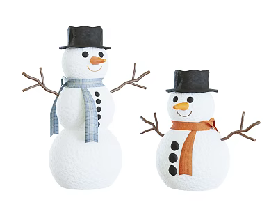 Cute Snowmen Decorations With Black Hats Blue And Orange Scarves And Branch Arms 3d model