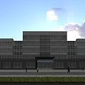 Modern Office Building With Glass Curtain Wall Striped Design And People Walking On Front Lawn