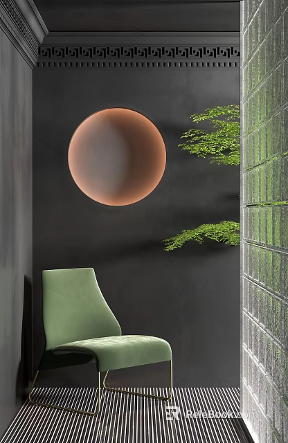 Green Leisure Chair With Orange Round Decor Dark Wall Green Plants And Glass Partition 3d model 