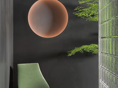 Green Leisure Chair With Orange Round Decor Dark Wall Green Plants And Glass Partition 3d model