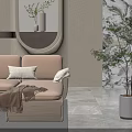 Modern Beige L shaped Sofa and Coffee Table Set with Armchair Green Plants and Large Windows