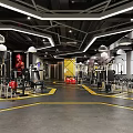Modern Fitness Gym Interior With Red Exercise Balls Sports Silhouette On Wall And Fitness Equipment