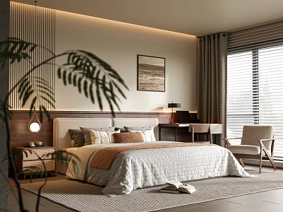 Modern Bedroom Interior With Bed Nightstand Lamp Window Blinds And Cozy Rug 3d model