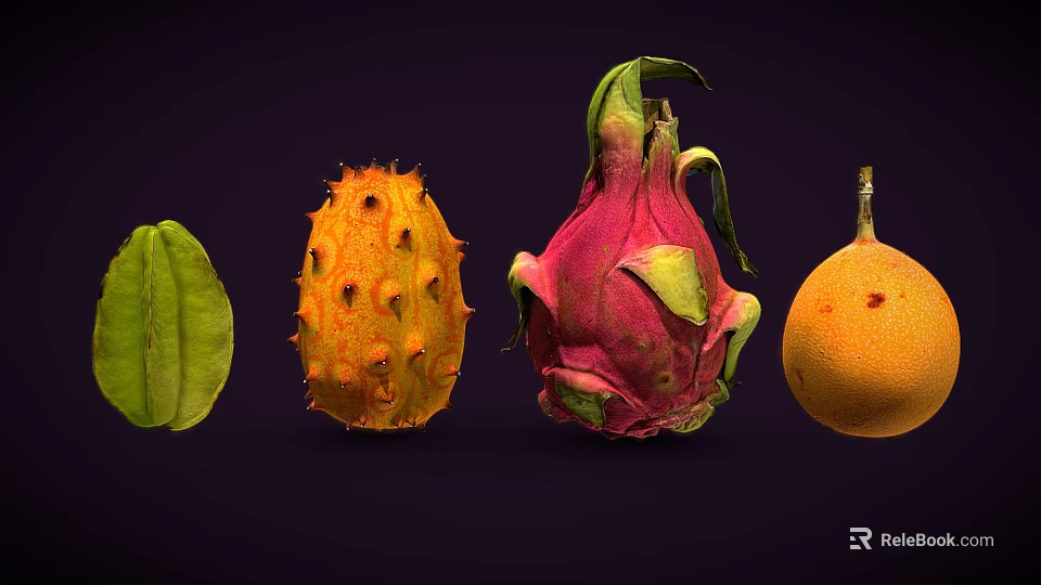 Vibrant Tropical Fruits Display Featuring Starfruit Kiwano Dragon Fruit And Orange 3d model 