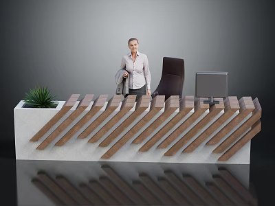 Modern Unique Office Desk With White Base Brown Slanted Stripes Black Chair Monitor And Green Plant 3d model