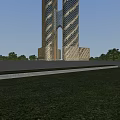 Modern Office Building With Golden Glass Facade And Geometric Patterned Twin Towers