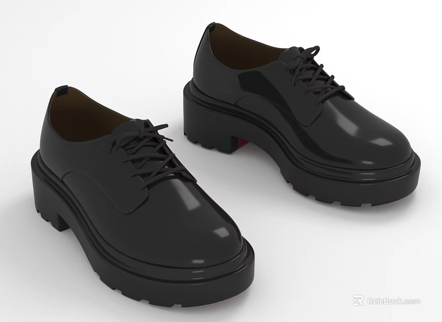 Black Lace up Leather Shoes With Thick Sole And Shiny Upper Design 3d model 